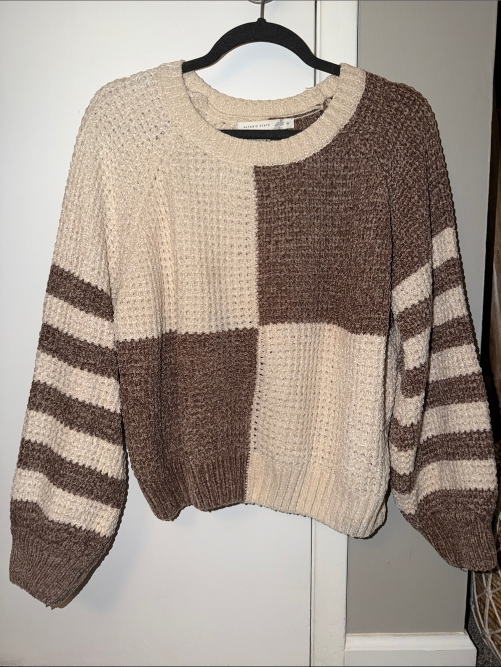 Altar'd State Cream and Brown Colorblock Waffle Knit Sweater
